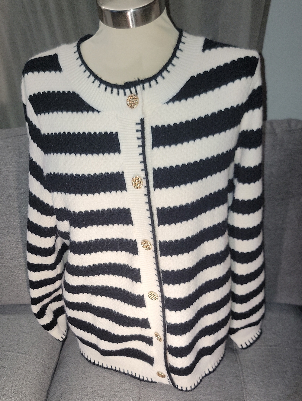 Classic Black & White Striped Women’s Cardigan Sweater